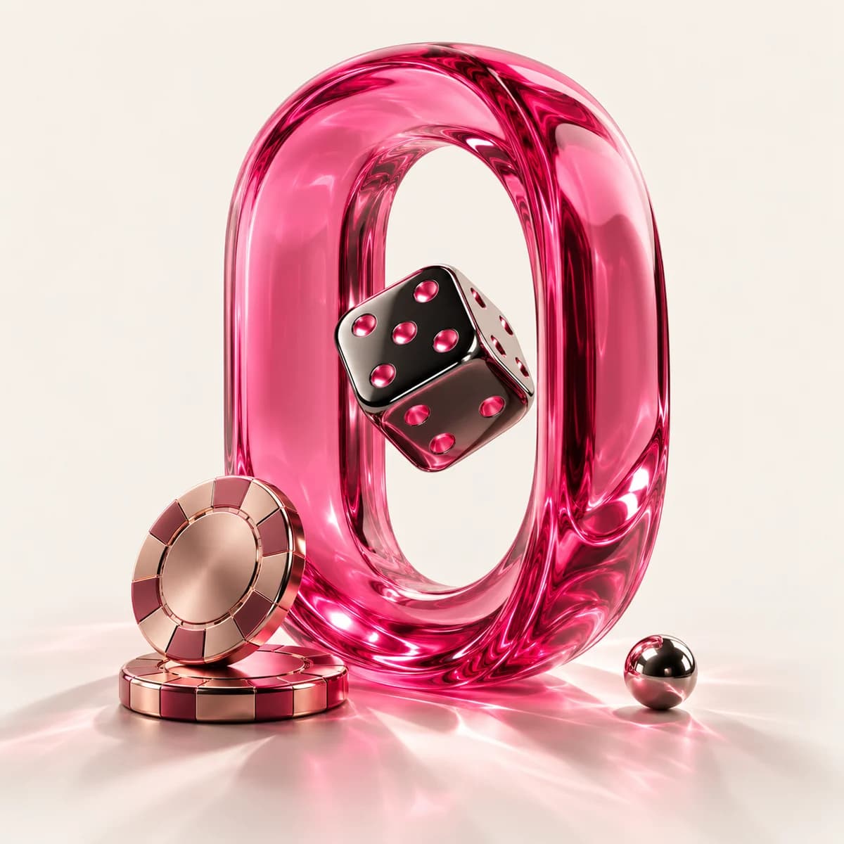 Sculptural pink glass portal with a polished chrome die and rose-colored casino chips